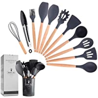 ZCOINS - Juego de utensilios de cocina de silicona con asas de madera y soporte- utensilios de cocina (gris)